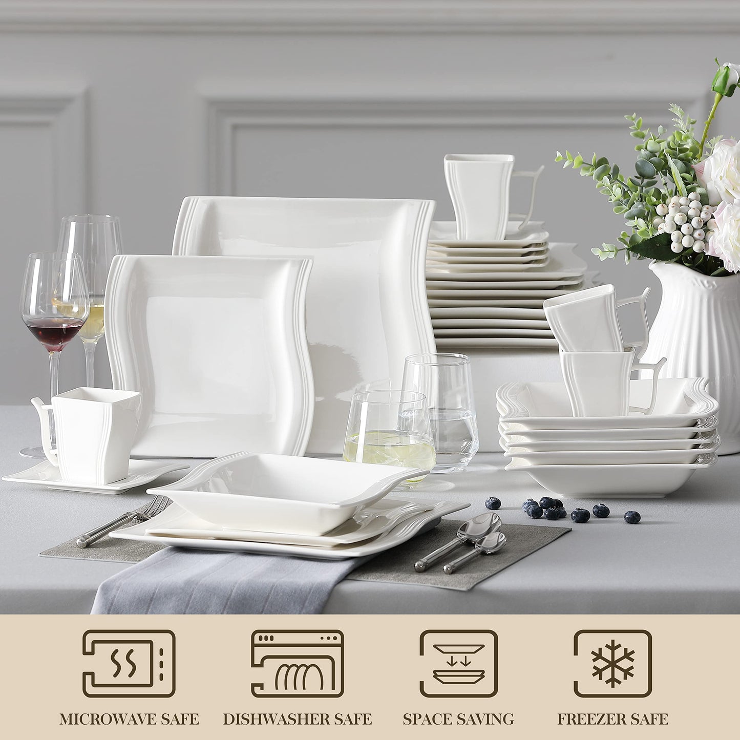 Dinnerware Sets, 12-Piece Porcelain Plates and Bowls Sets, Square Marble