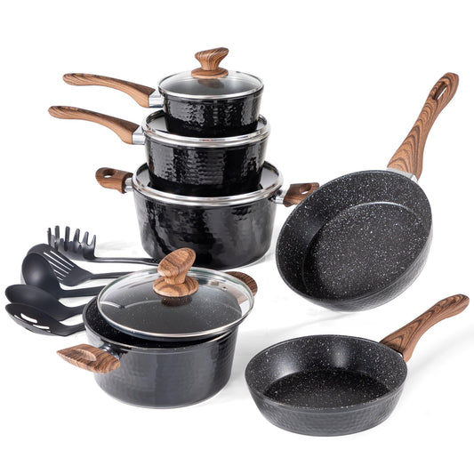 15 Pcs Non Toxic Cookware Set, Black Granite Induction Kitchen Cooking Sets