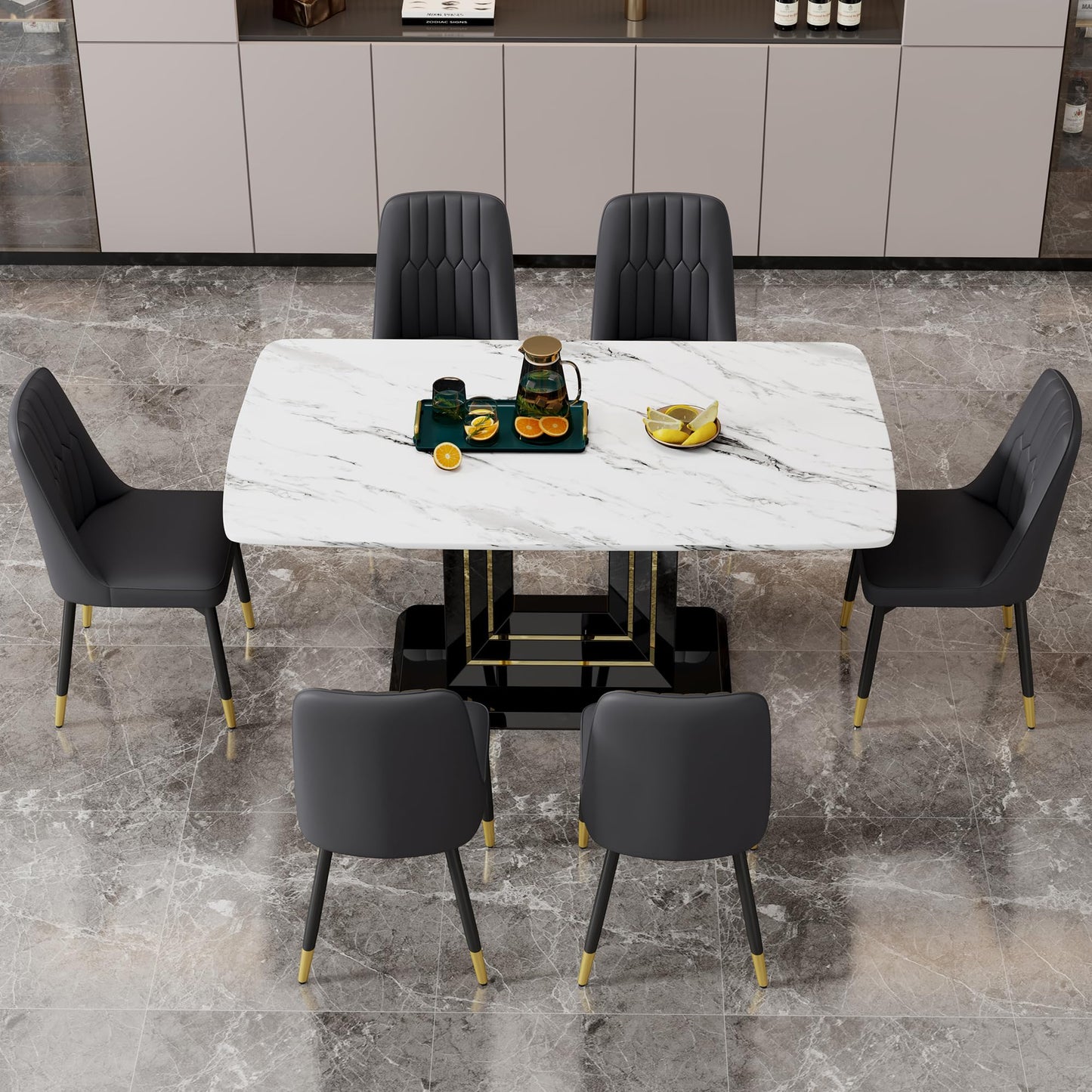 Dining Table Set for 6, White Faux Marble Pattern Table with 6 Modern Dining Chairs