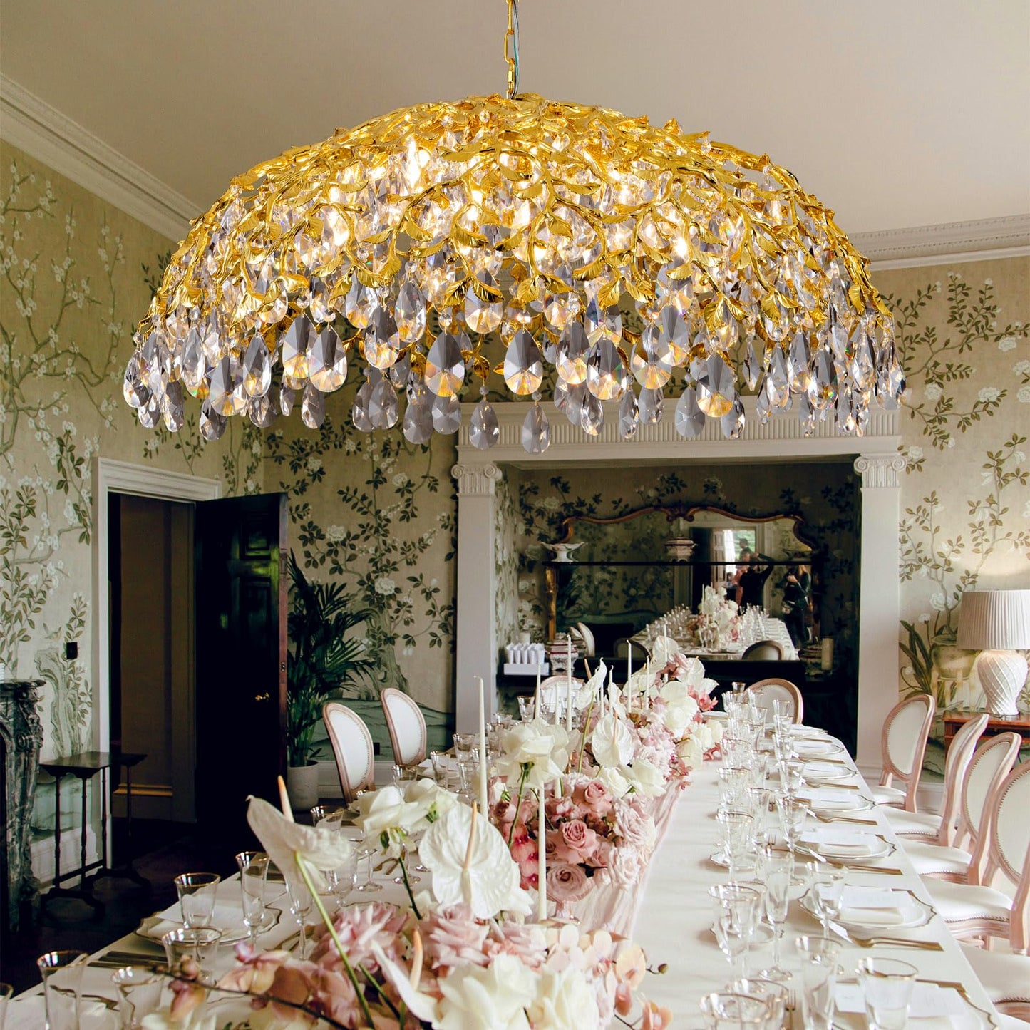 Modern Crystal Chandelier, Gold Pendant Flower Hanging Lighting