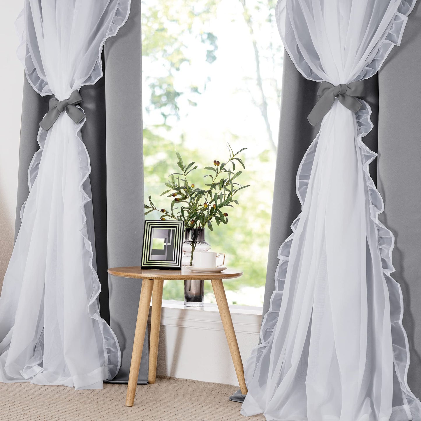 Blackout Window Treatment Double Layer Drapes Ruffle Sheer Overlay 2 Panels