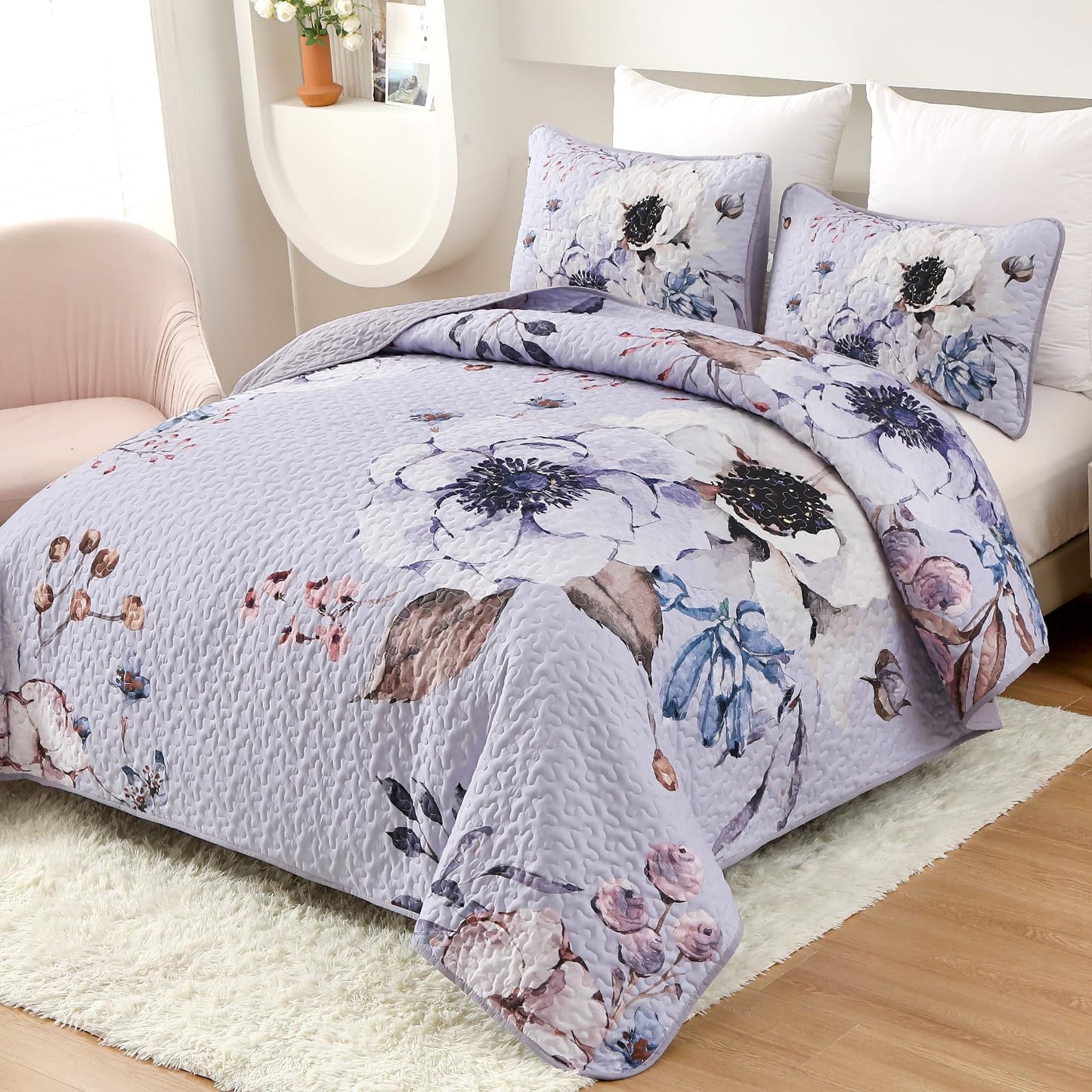 Purple Floral Quilt Set Queen Size, 3 Pieces Botanical Flower Printed