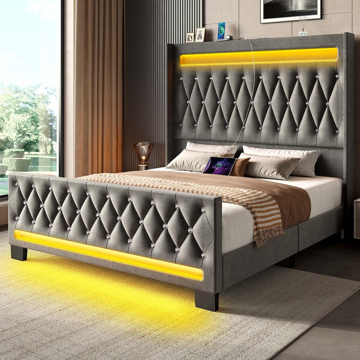 LED Light and Charging Station, Upholstered High Headboard and Footboard