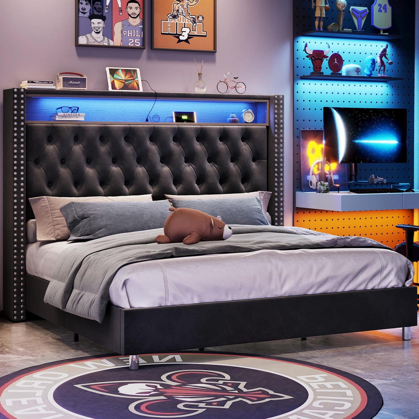 LED King Size Bed Frame and Headboard with Charging Station Velvet Upholstered