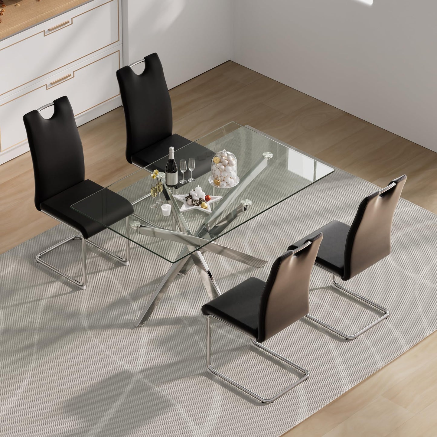 5 Piece Round Glass Dining Table Table Set, Round Glass with 4 PU Dining Chairs