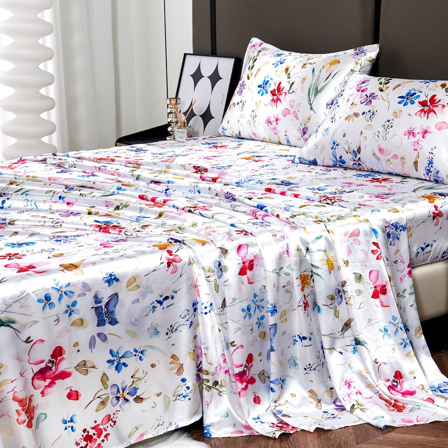 Floral Print - Luxurious Silky Feel Queen Sheet Set - Elegant Smooth Satin Bed Sheets