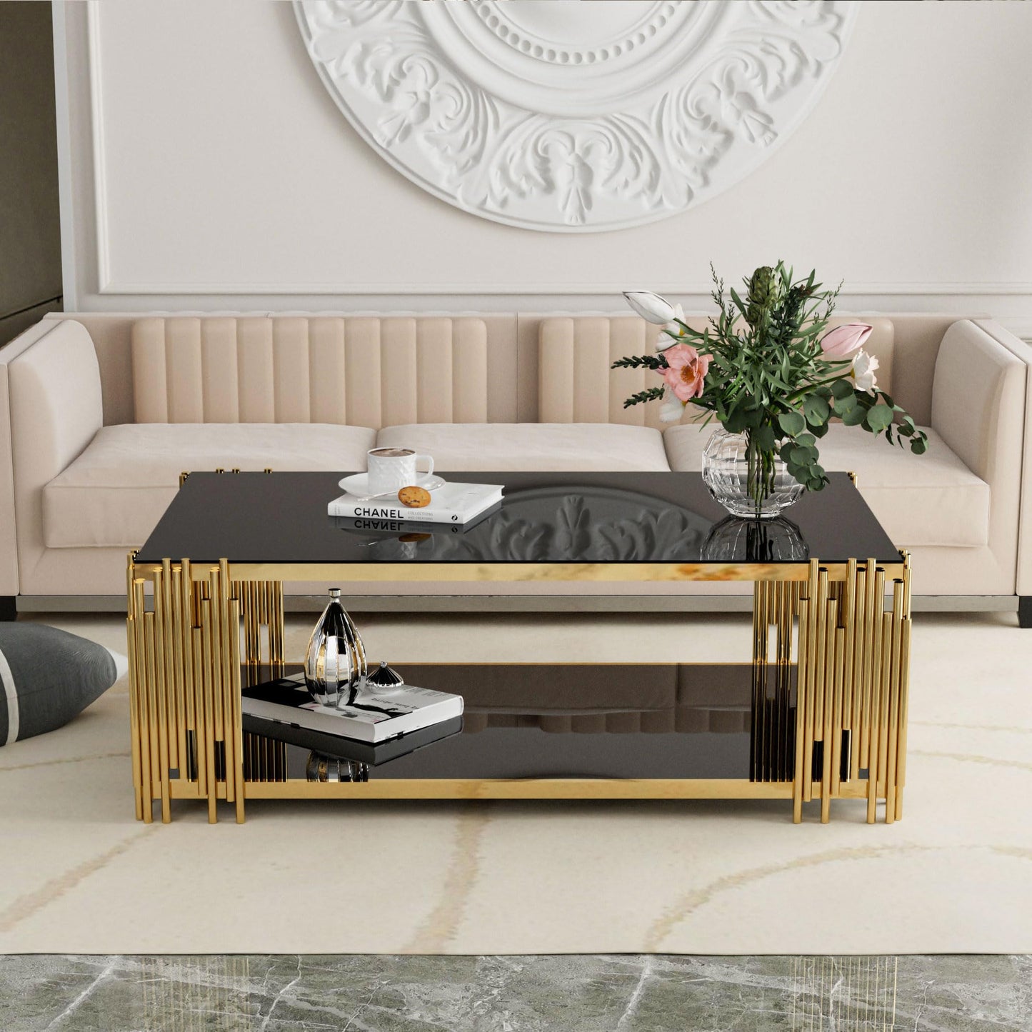 Modern Living Room Table Gold Stainless Steel Metal Leg Rectangular