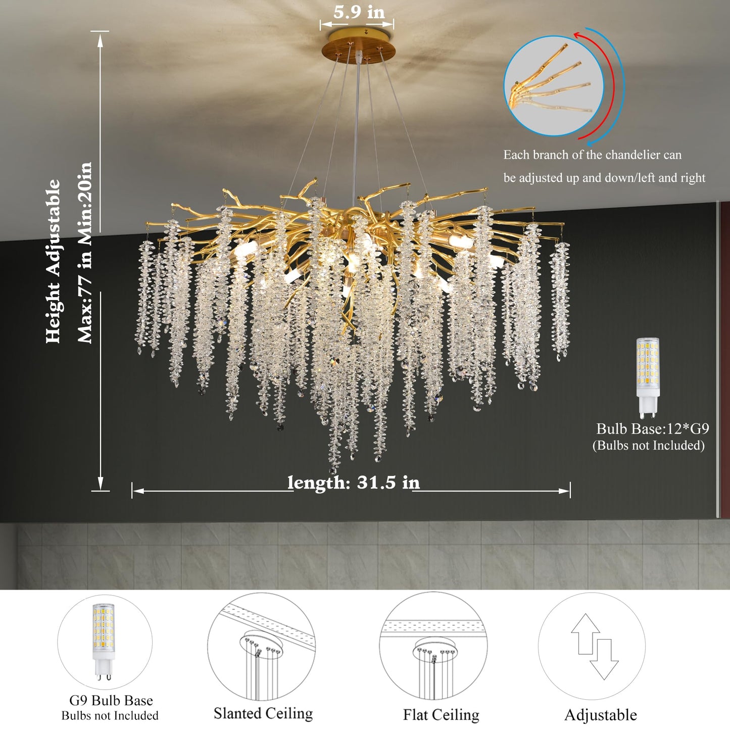 Modern Crystal Tree Branches Chandelier Gold Round Raindrop