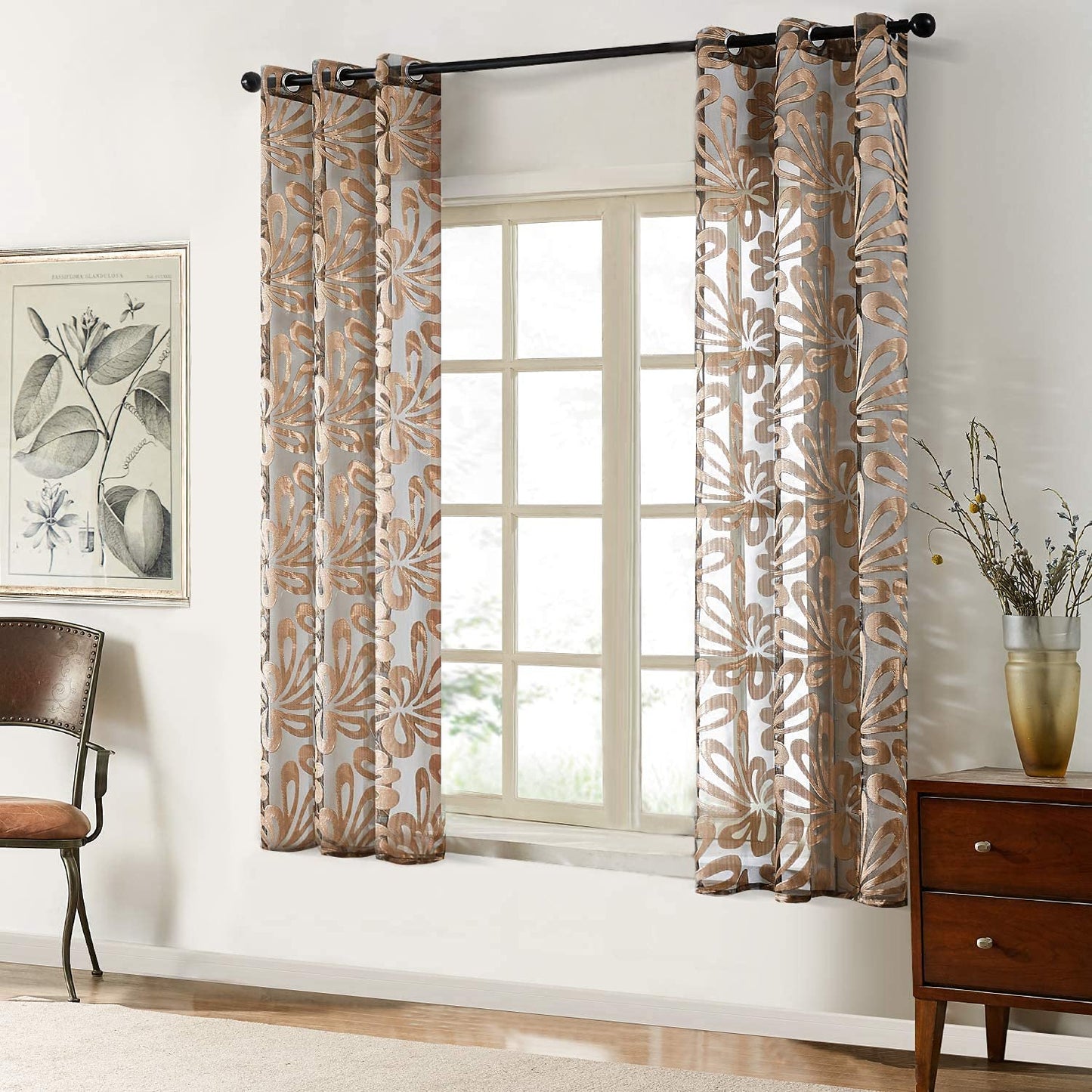 Floral Voile Sheer Curtains 84 Inches Long - Window Treatments 2 Panels