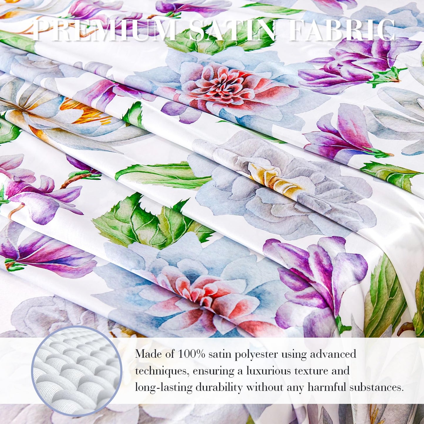 Floral Print - Luxurious Silky Feel Queen Sheet Set - Elegant Smooth Satin Bed Sheets