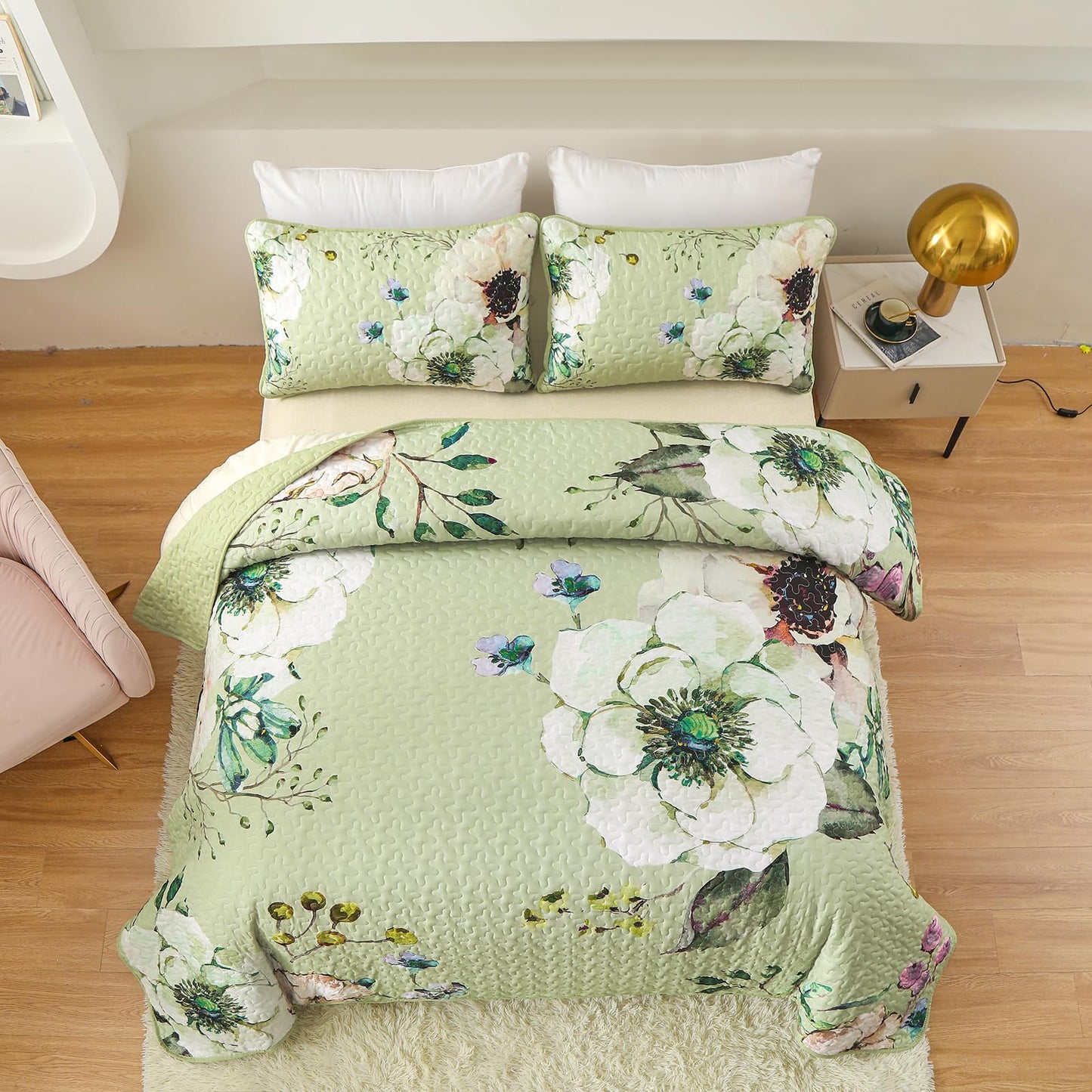 Purple Floral Quilt Set Queen Size, 3 Pieces Botanical Flower Printed