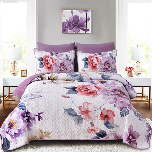 Purple Floral Quilt Set Queen Size, 3 Pieces Botanical Flower Printed