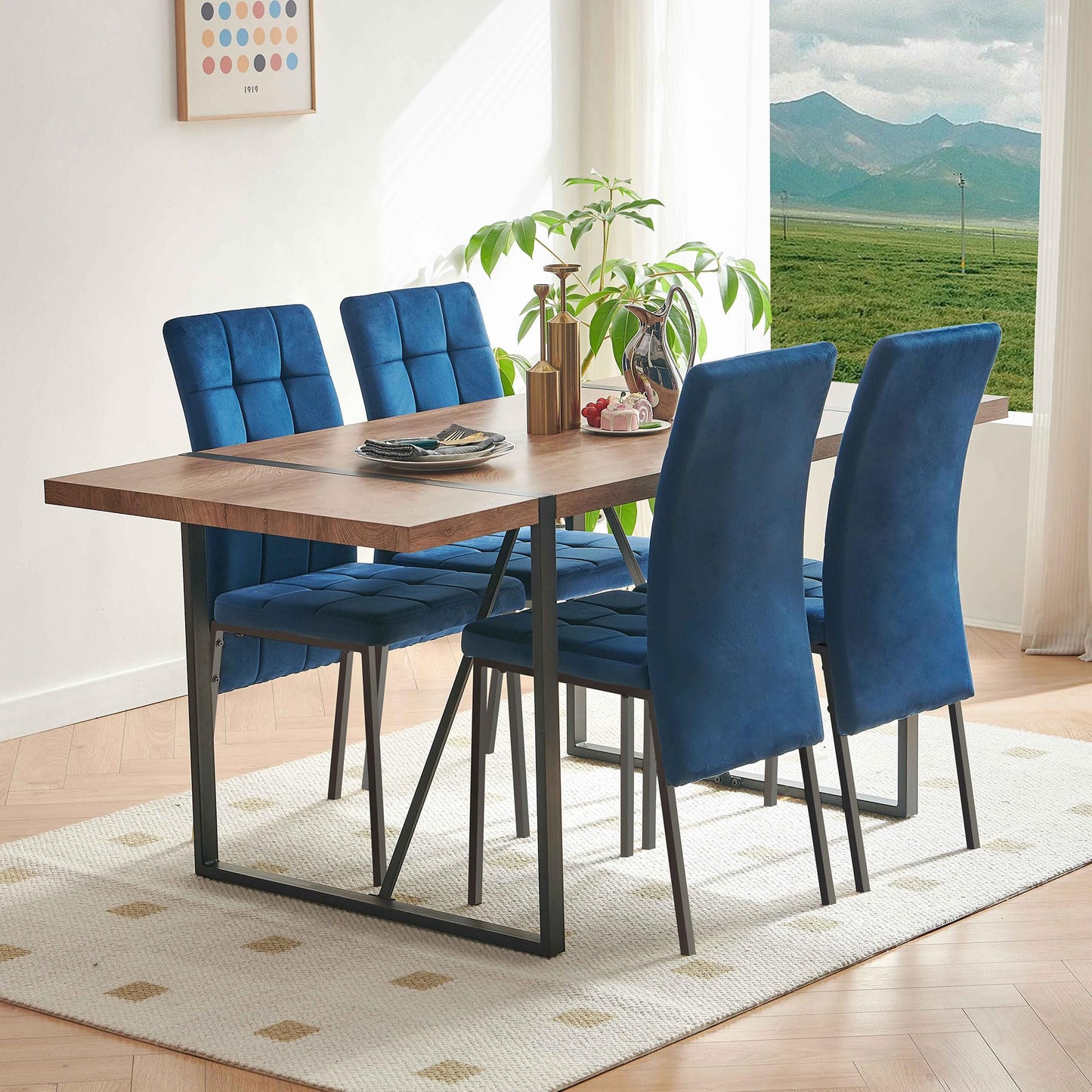 7 PCS Dining Room Table Set, 66" Large Kitchen Table Chairs Velvet Upholstered Chairs