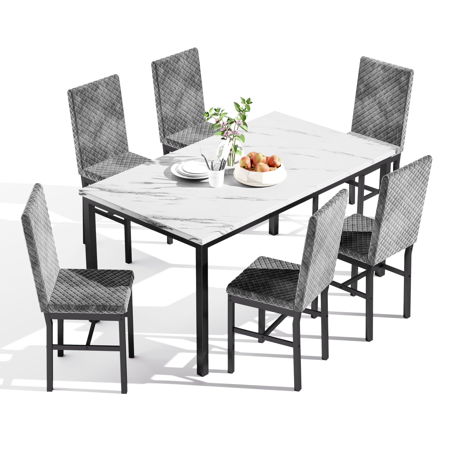 Dinner Table for 6, Marble Dining Room Table Set with Velvet Dining Chairs, 7 Piece