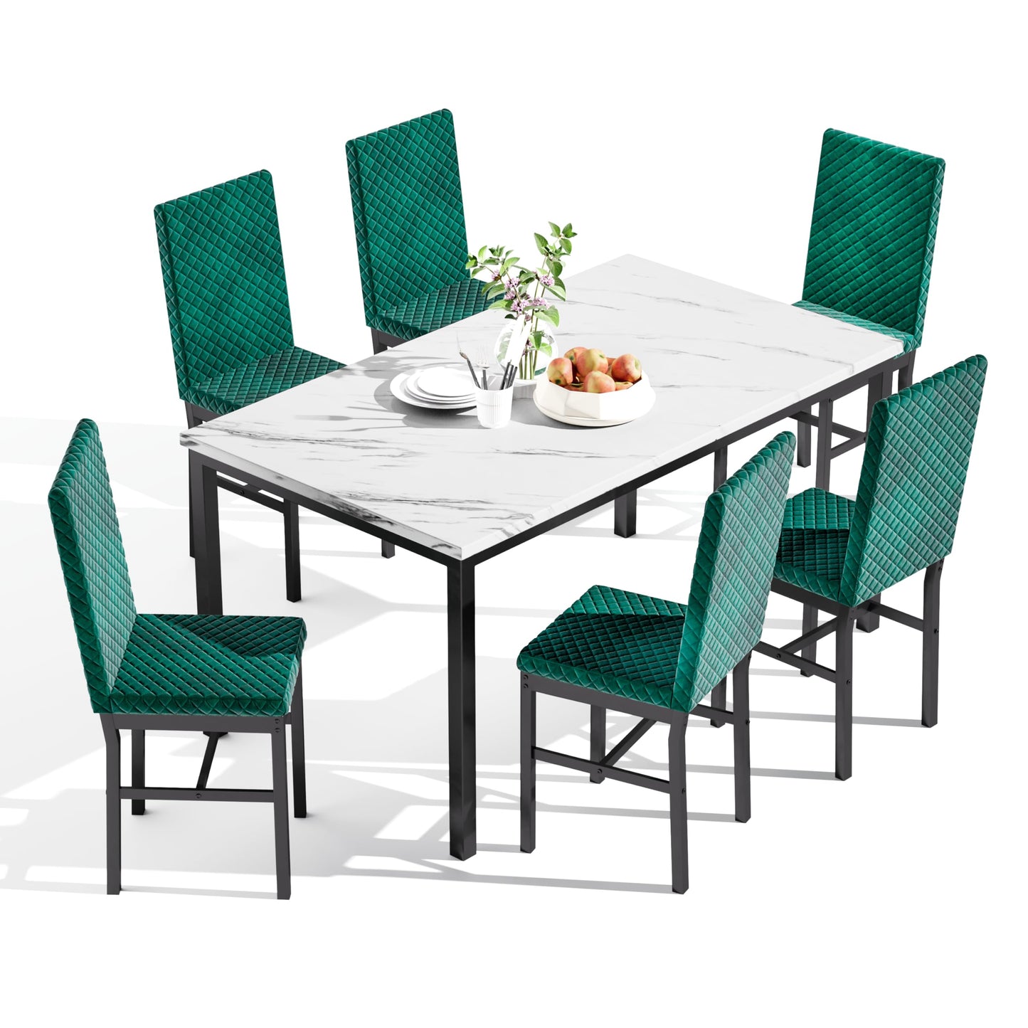 Dinner Table for 6, Marble Dining Room Table Set with Velvet Dining Chairs, 7 Piece