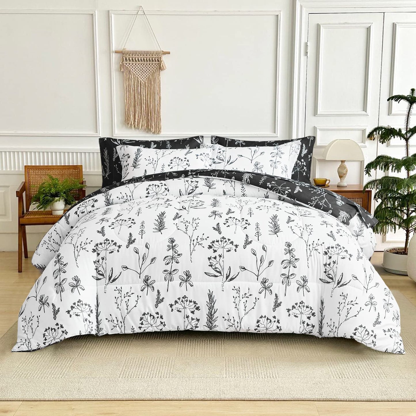 Flower Comforter Sheet Set Gray Bed in a Bag 7 Pieces Queen Size