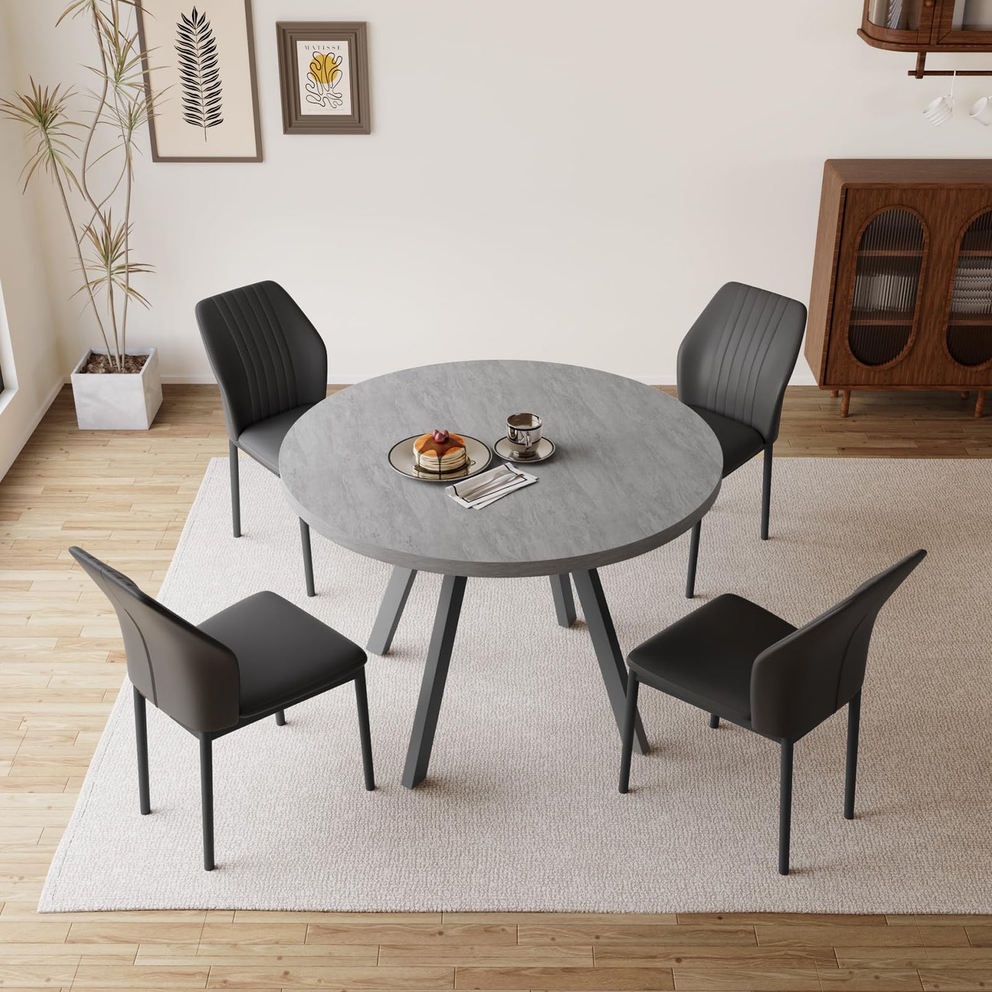 Round Dining Table Set for 4,  (Dining Table + 4 Black Chairs)