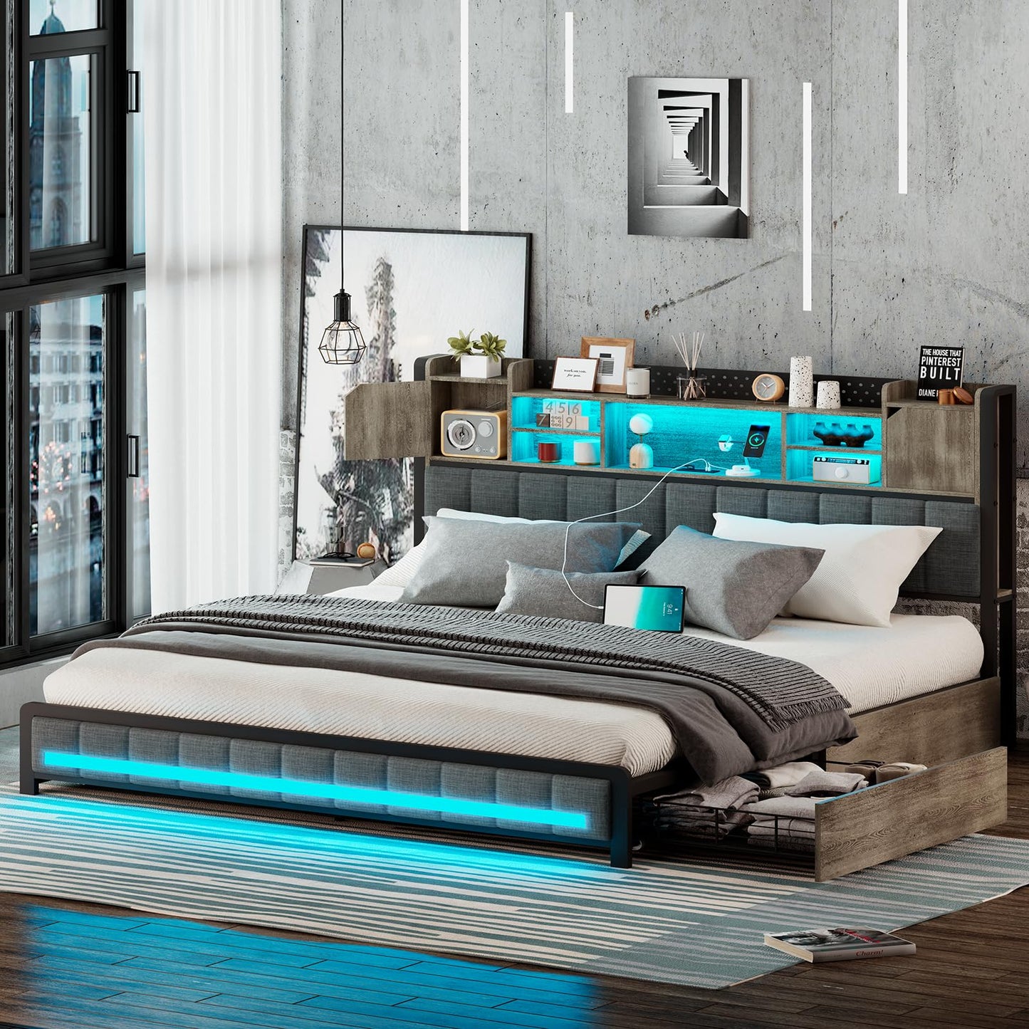 King LED Upholstered Metal Bed Frame with Storage Headboard