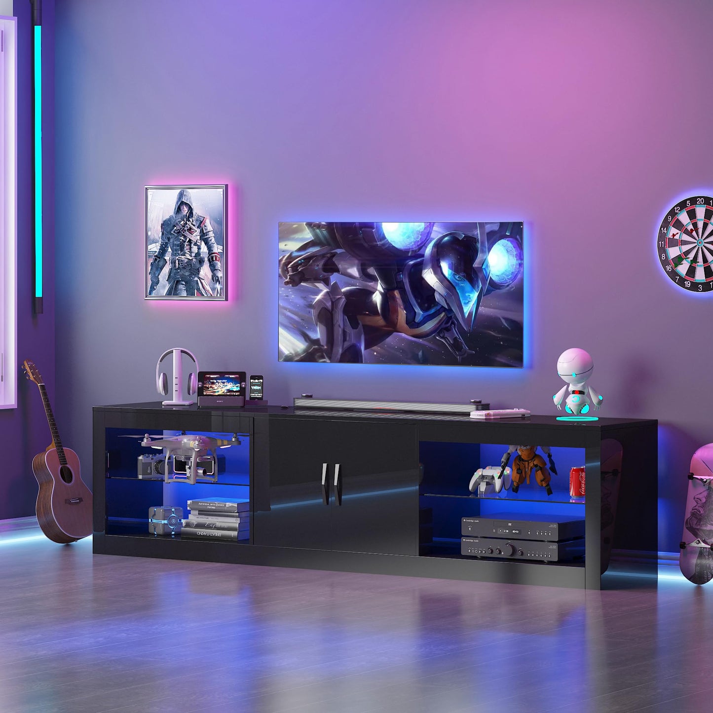 70 Inch Led TV Stand for 80/75 Inch TV with Adjustable Glass Shelves