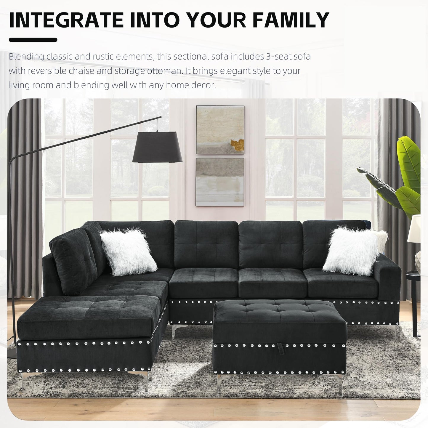 L-Shape Sectional 3-Seater Sofa with Extra Wide Reversible Chaise