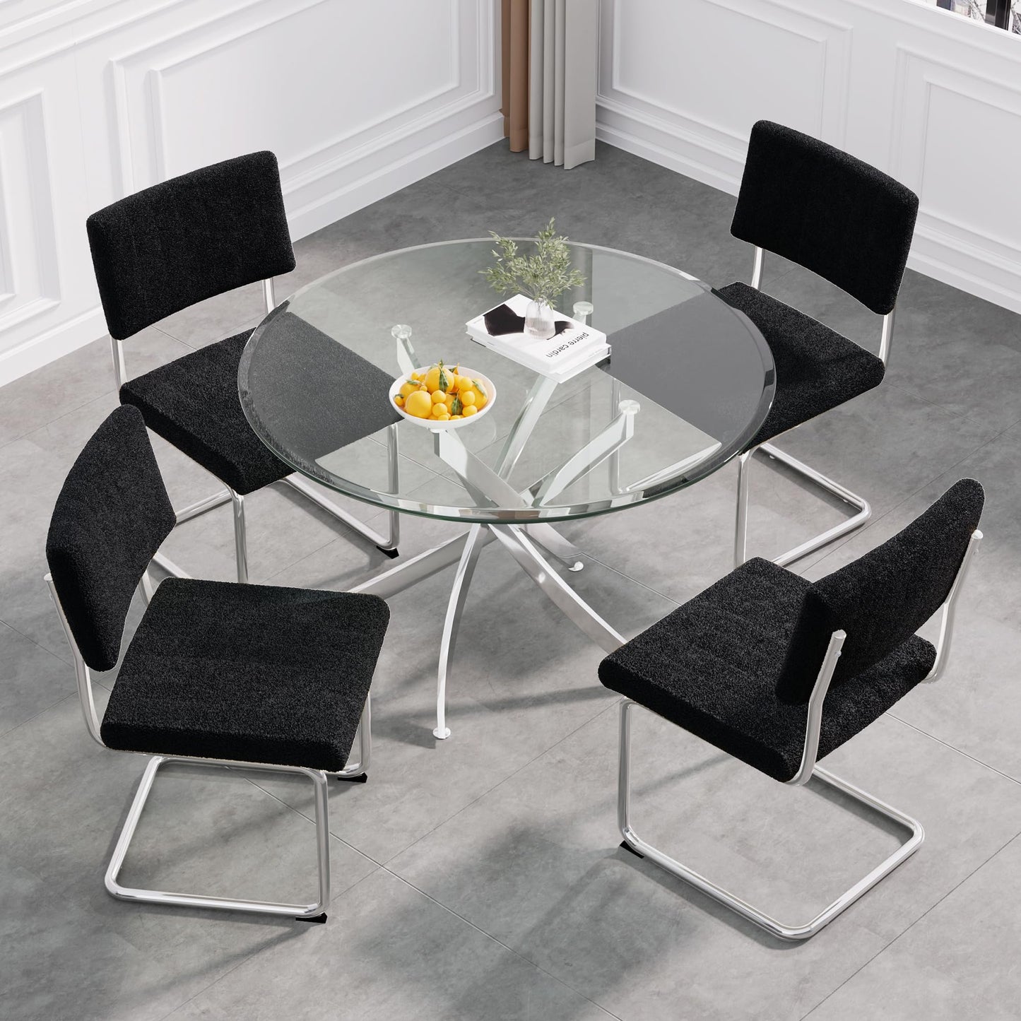 5 Piece Round Glass Dining Table Table Set, Round Glass with 4 PU Dining Chairs