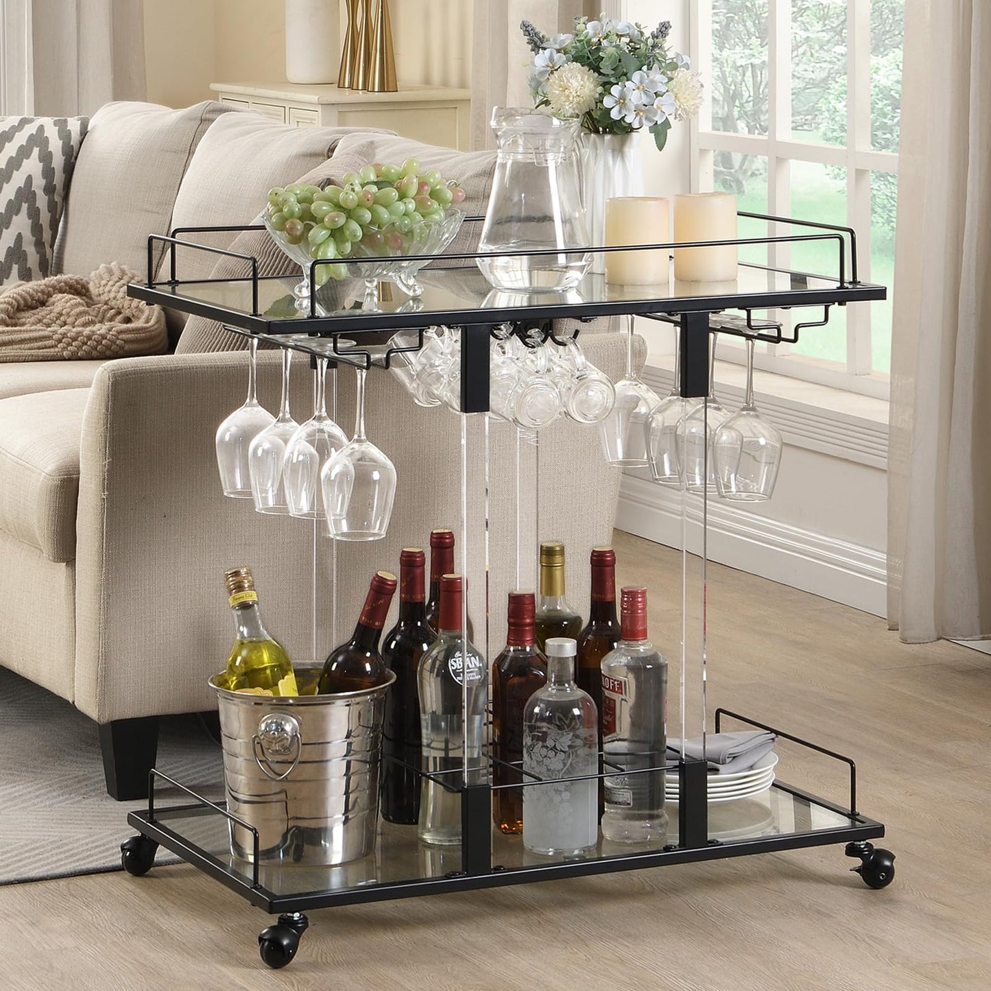 Silver Bar Cart Home Bar Serving Cart with Wine Rack 2-Tier Acrylic