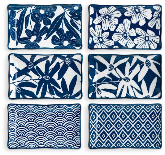 Rectangular Salad Plates Set of 6-7.5 in Ceramic Blue and White