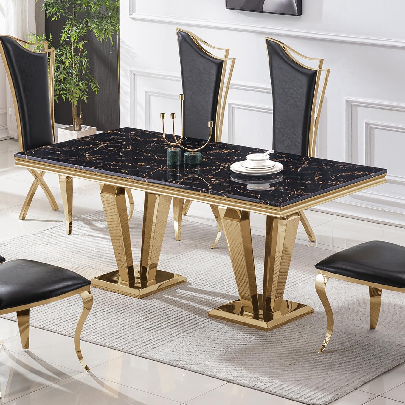 70 Inch White Marble Kitchen Table with Gold Mirrored Cabriole Legs