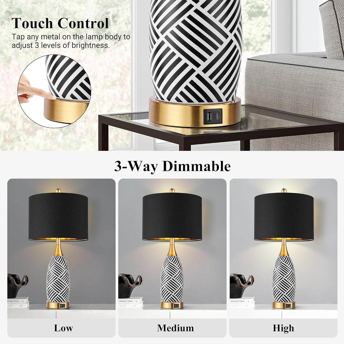 25.5" Touch Control Black and Gold Lamp,3-Way Dimmable