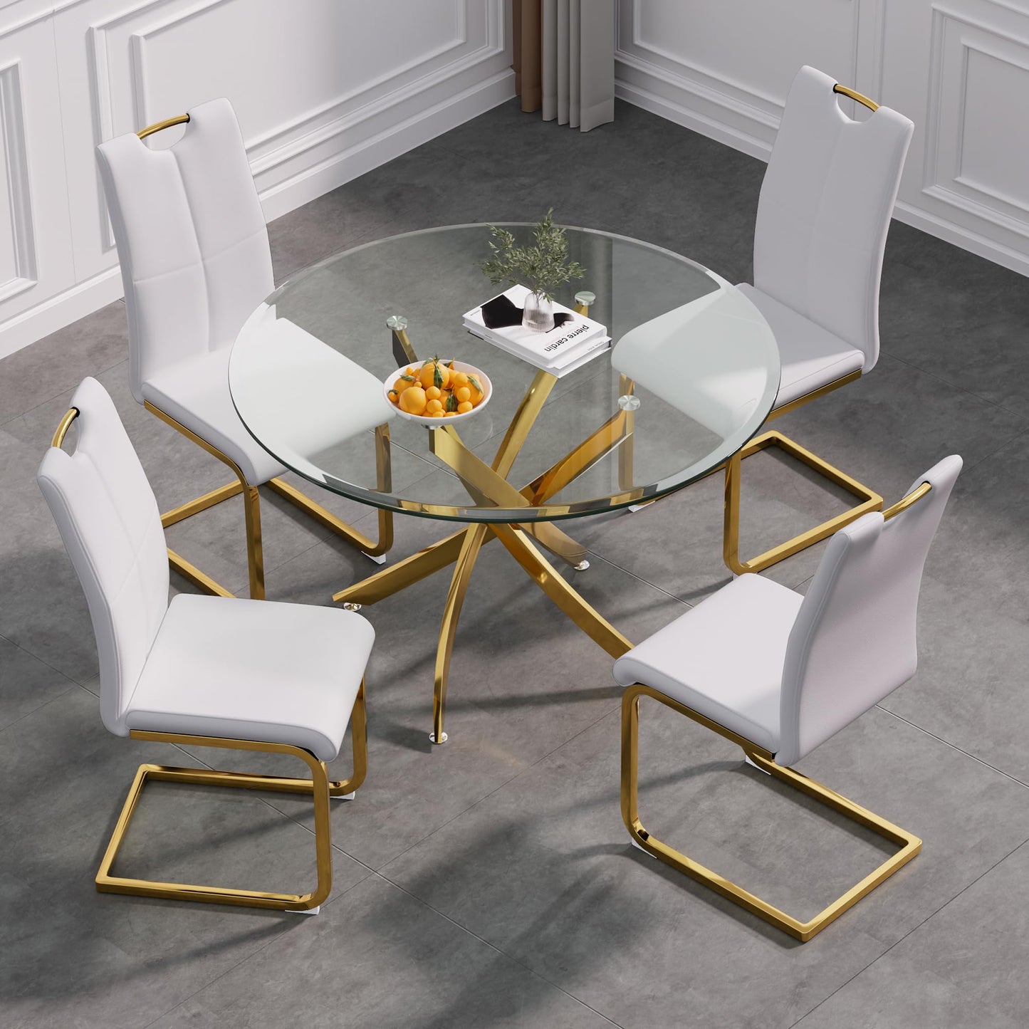 5 Piece Round Glass Dining Table Table Set, Round Glass with 4 PU Dining Chairs