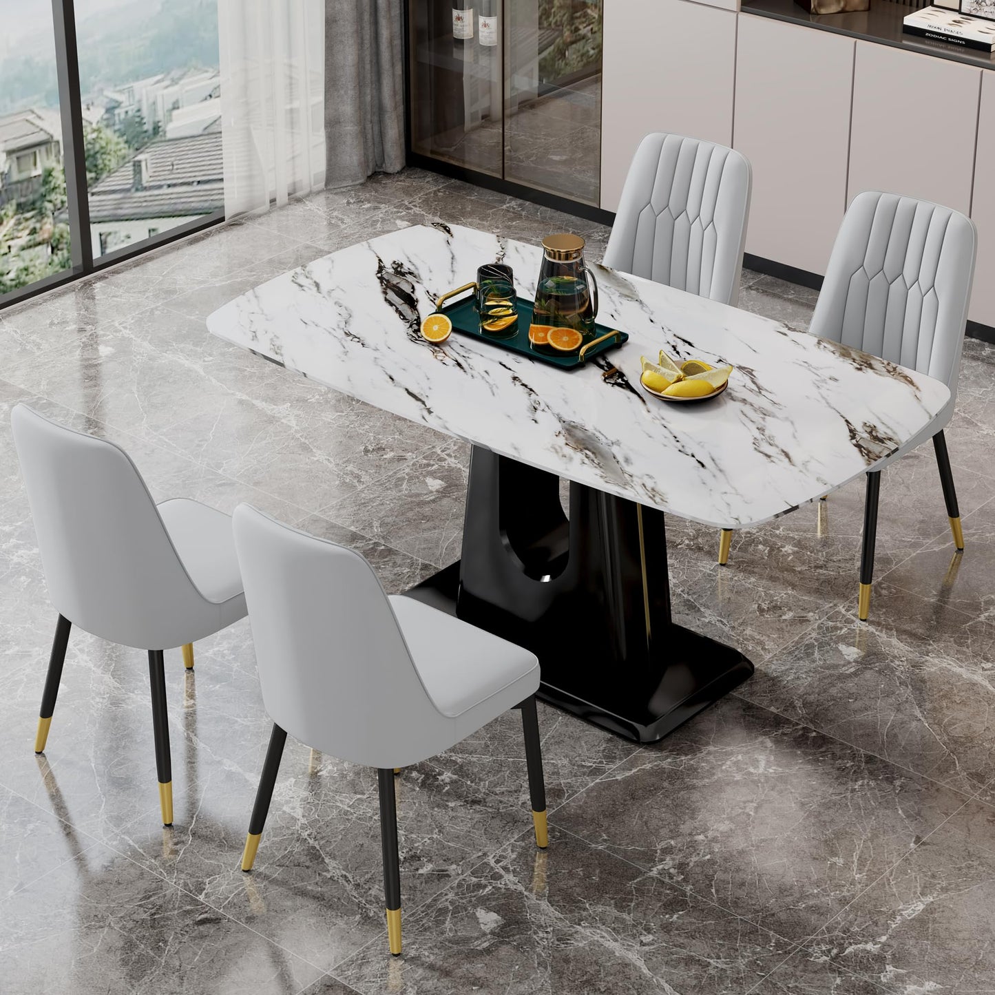 Dining Table Set for 6, White Faux Marble Pattern Table with 6 Modern Dining Chairs