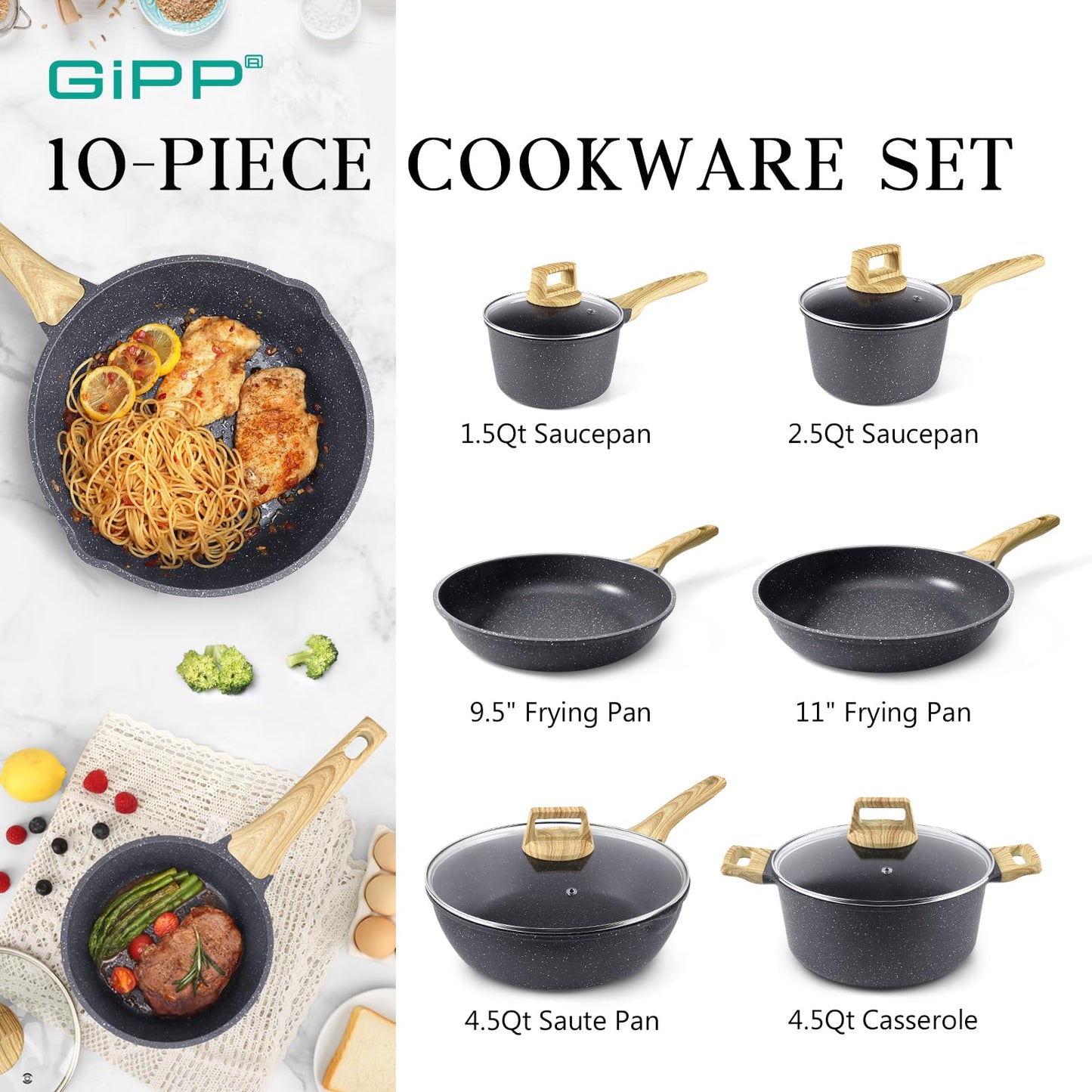 Pots and Pans Set Non Stick - 10 Pcs White Granite Kitchen Cookware Sets