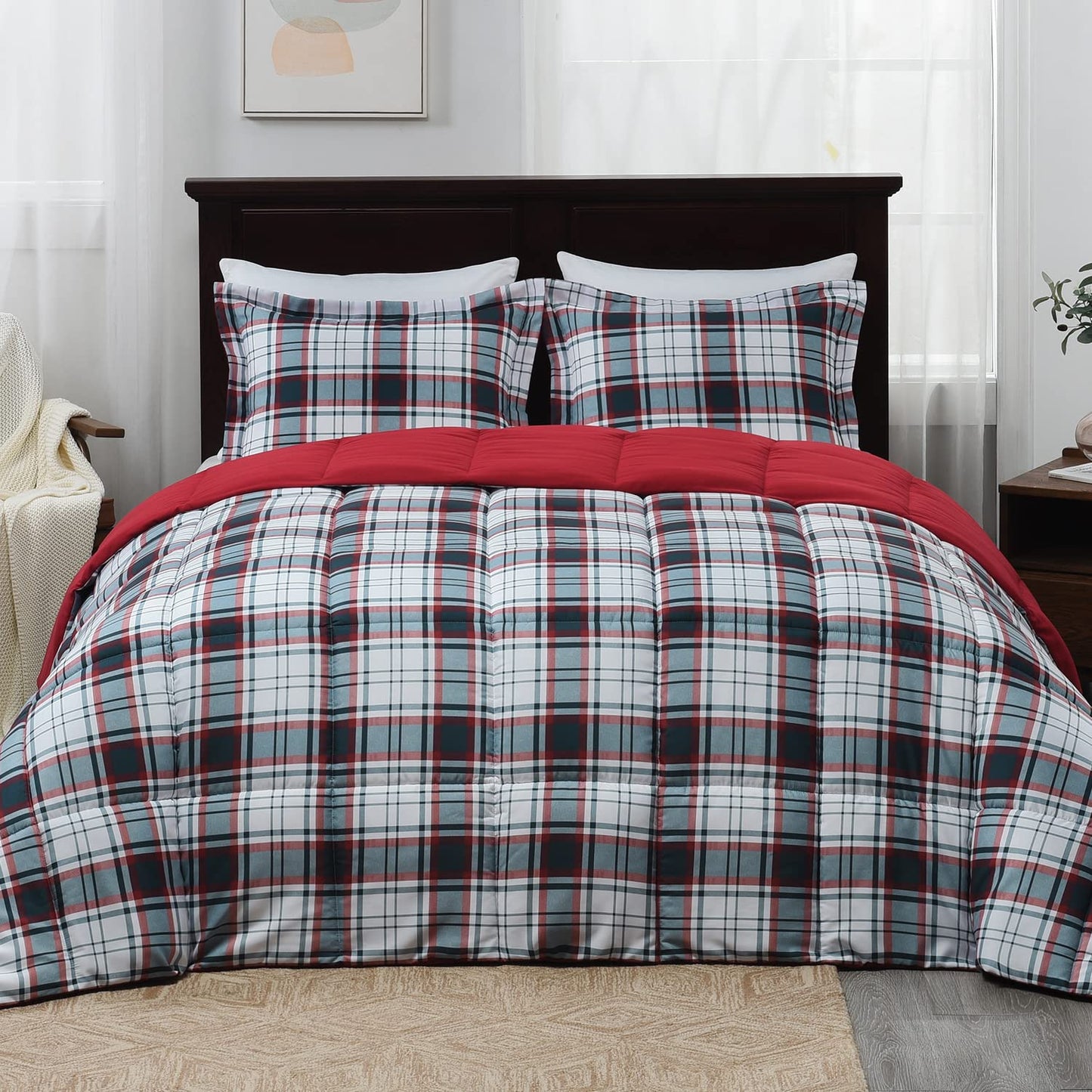 Red and Black Comforter Set Queen Size, Reversible and 2 Pillow Shams