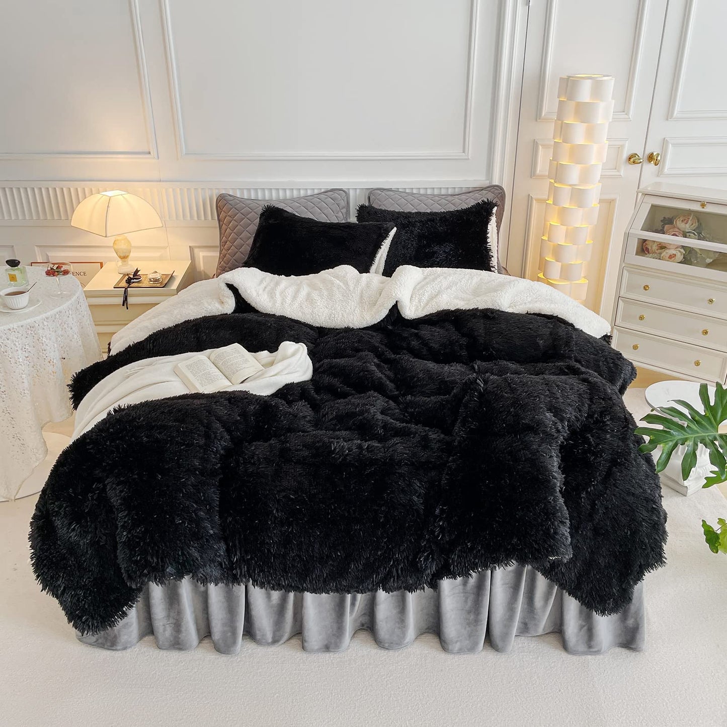 Gray Faux Fur Comforter Set Full/Queen 3 Pieces Bedding Set