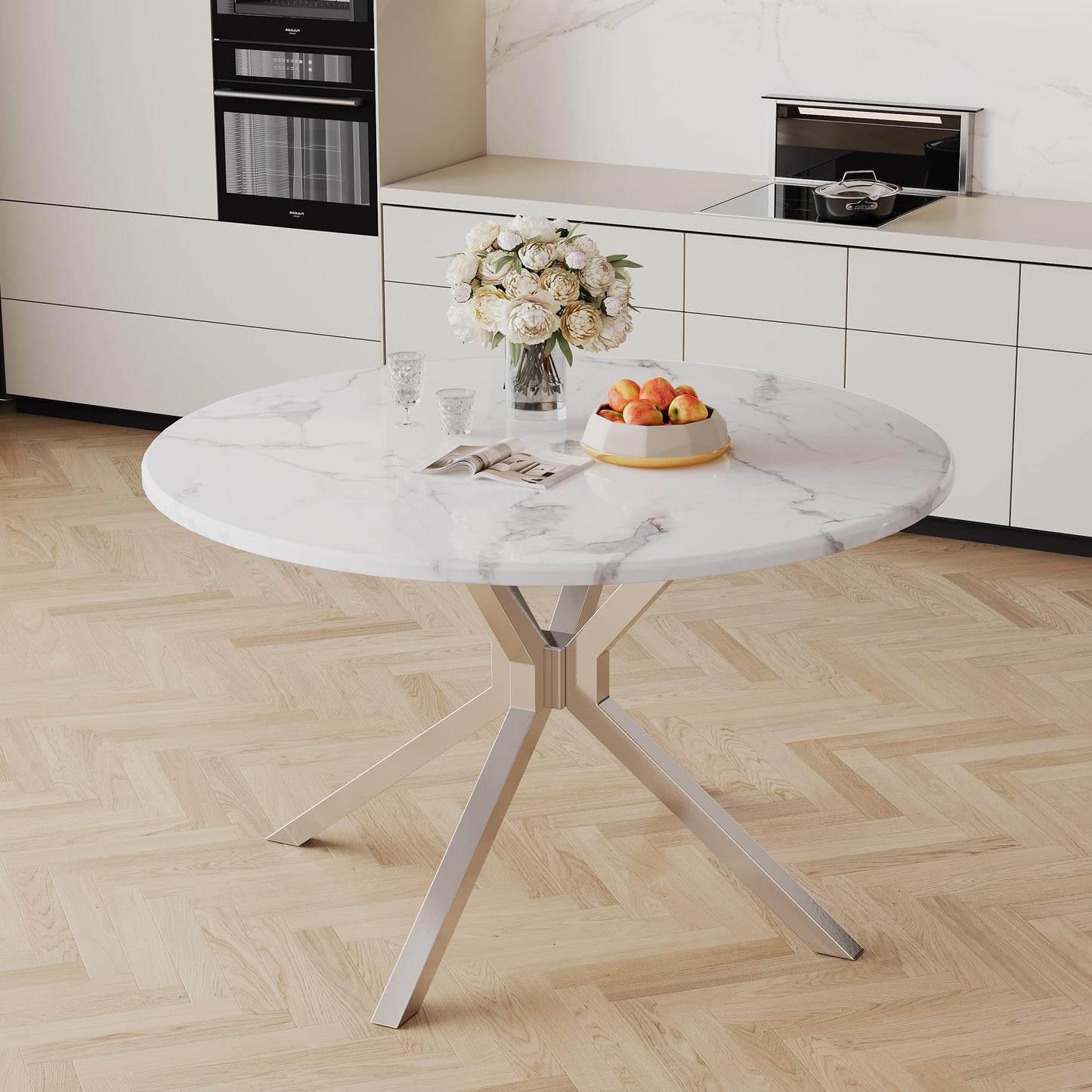 70 Inch White Marble Kitchen Table with Gold Mirrored Cabriole Legs