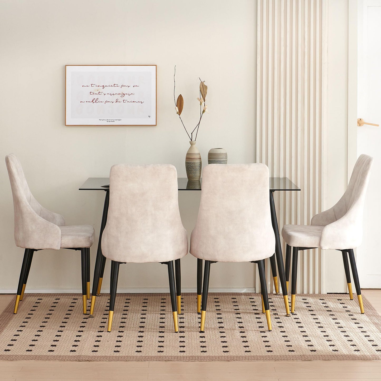 Kitchen Table and Chairs Set, Grey Glass Round Table with Metal Legs, 4 Chairs