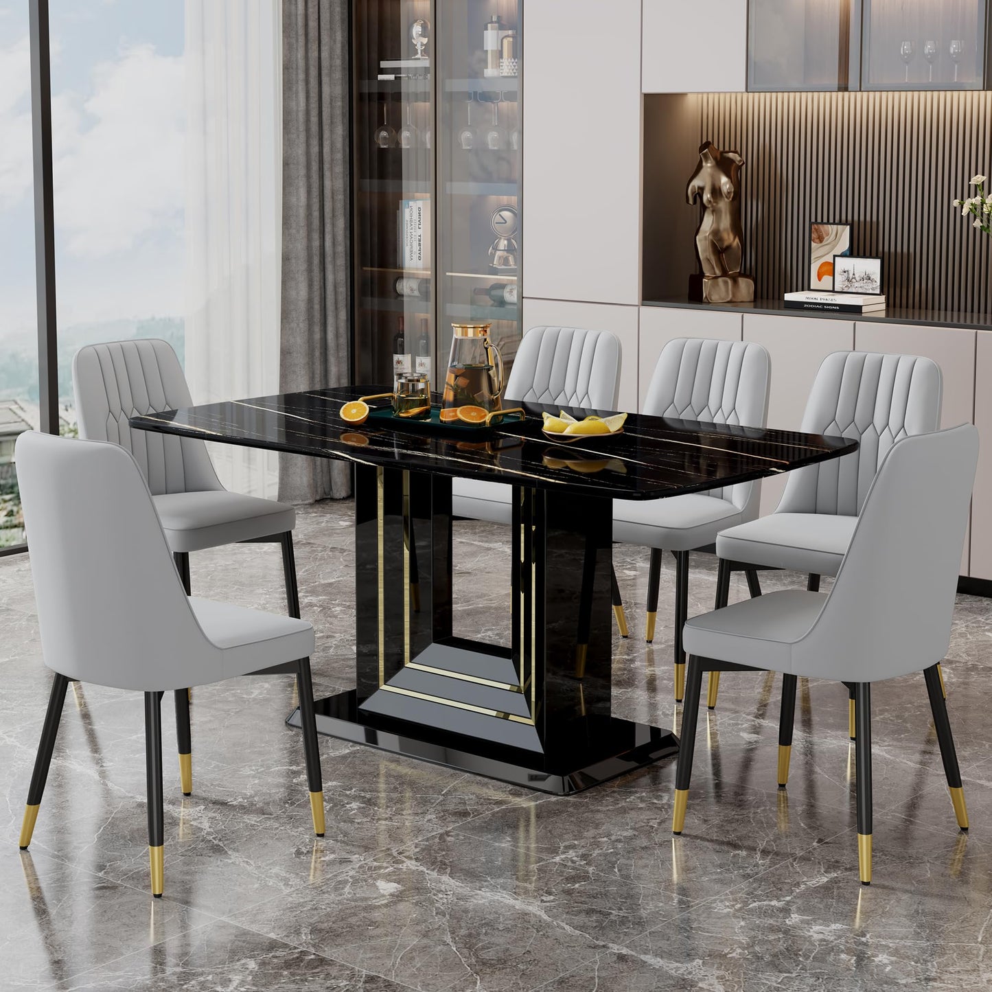 Dining Table Set for 6, White Faux Marble Pattern Table with 6 Modern Dining Chairs