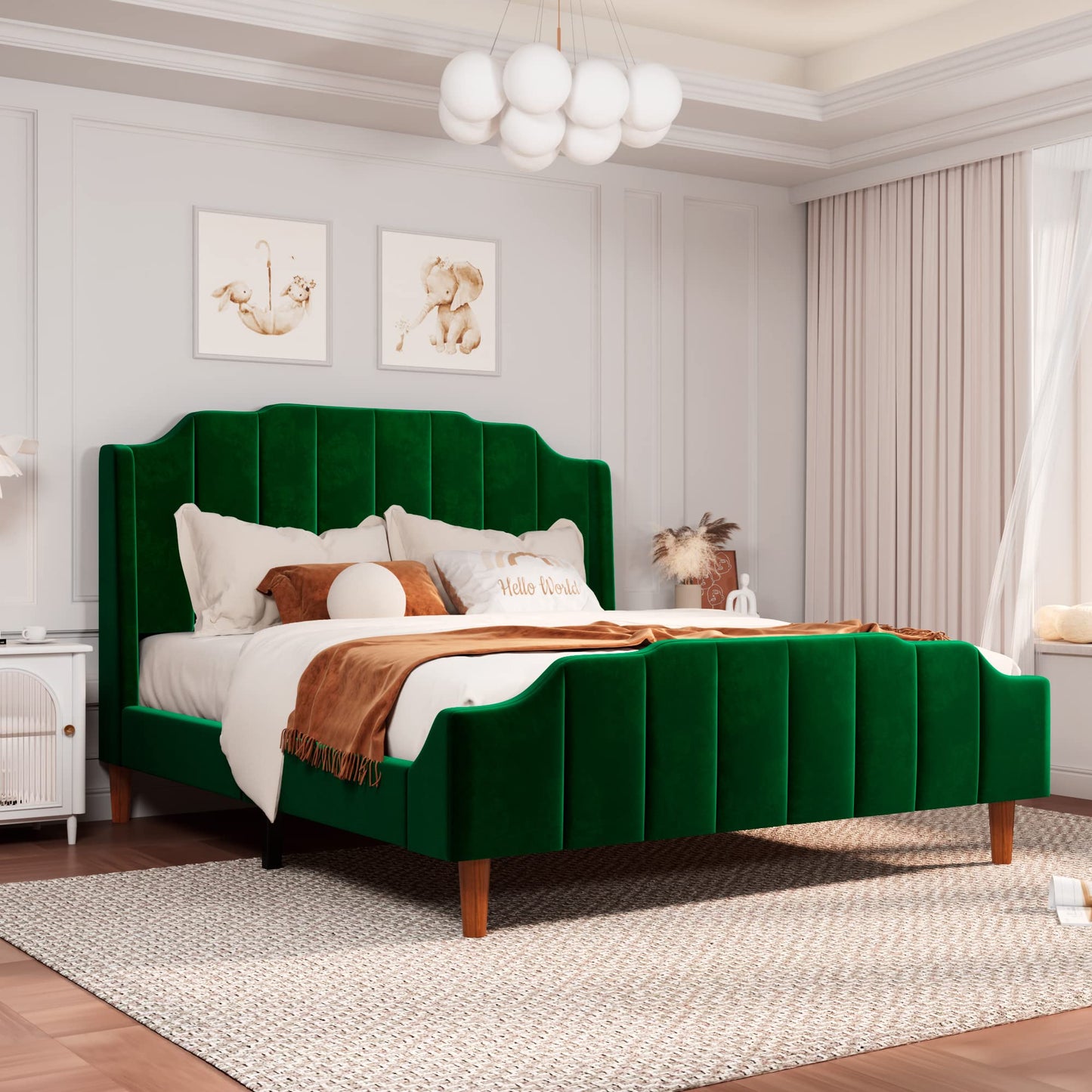 Velvet Upholstered Platform Bed with Vertical Headboard and Footboard