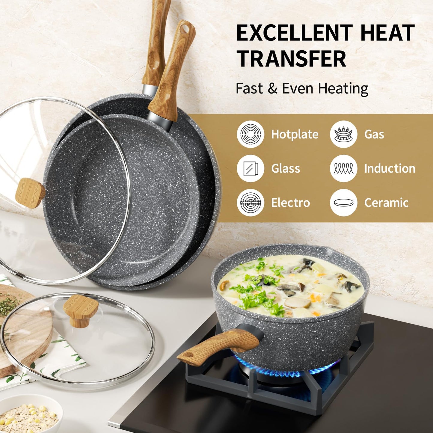 Nonstick Frying Pan Set, Non Stick Sauce Pan Set with Lid Gold Granite Pans