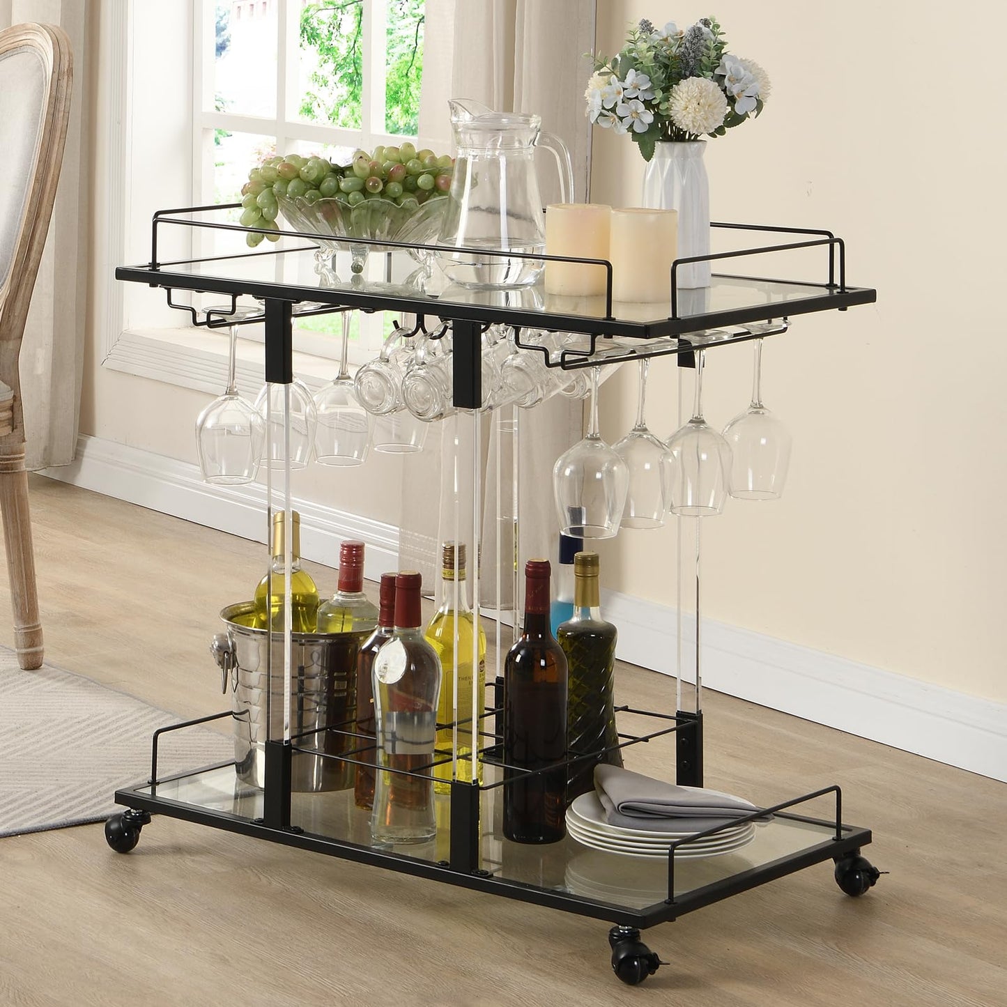 Silver Bar Cart Home Bar Serving Cart with Wine Rack 2-Tier Acrylic