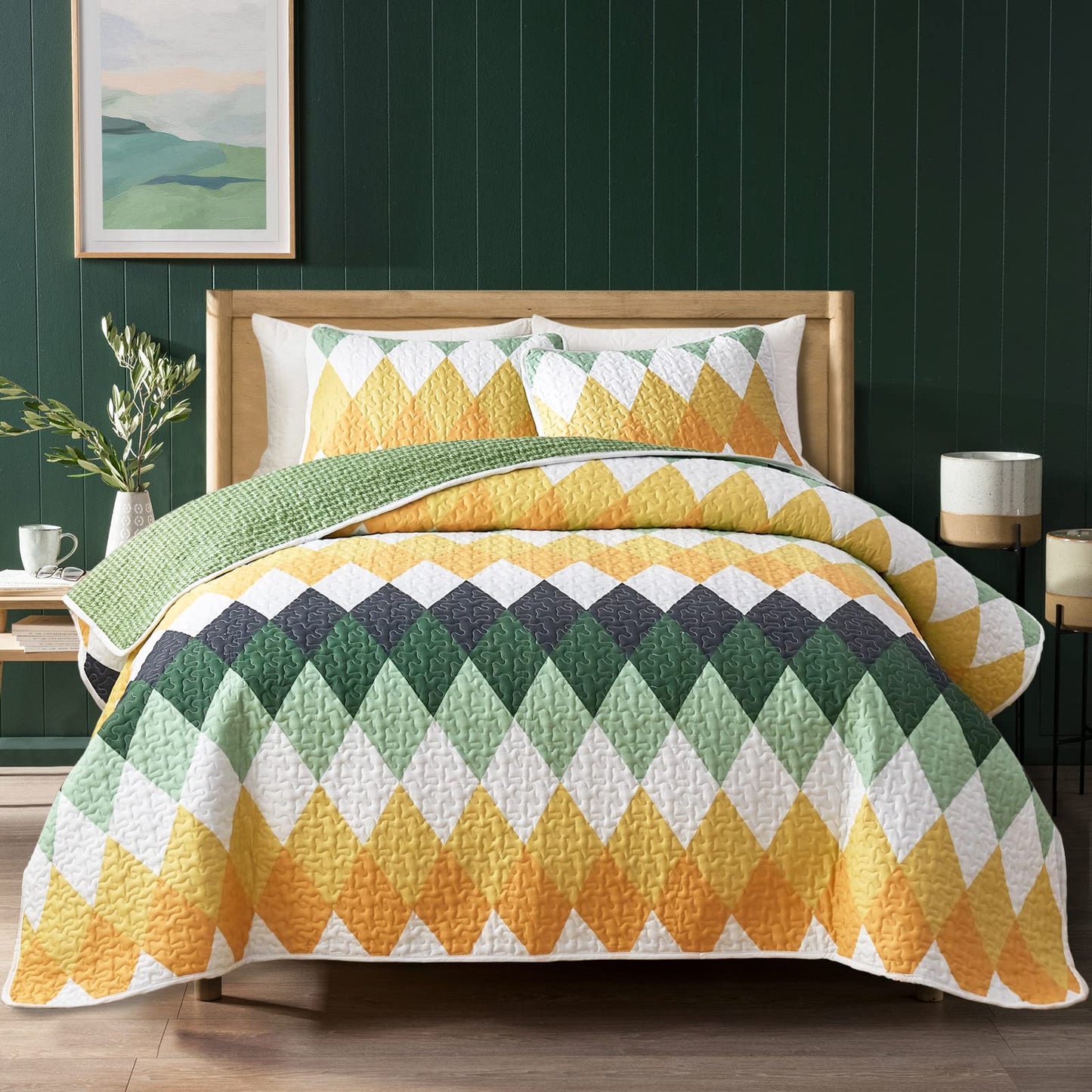 Yellow Green Rhomb Plaid Quilt Set 3pc Queen Size Reversible Coverlet