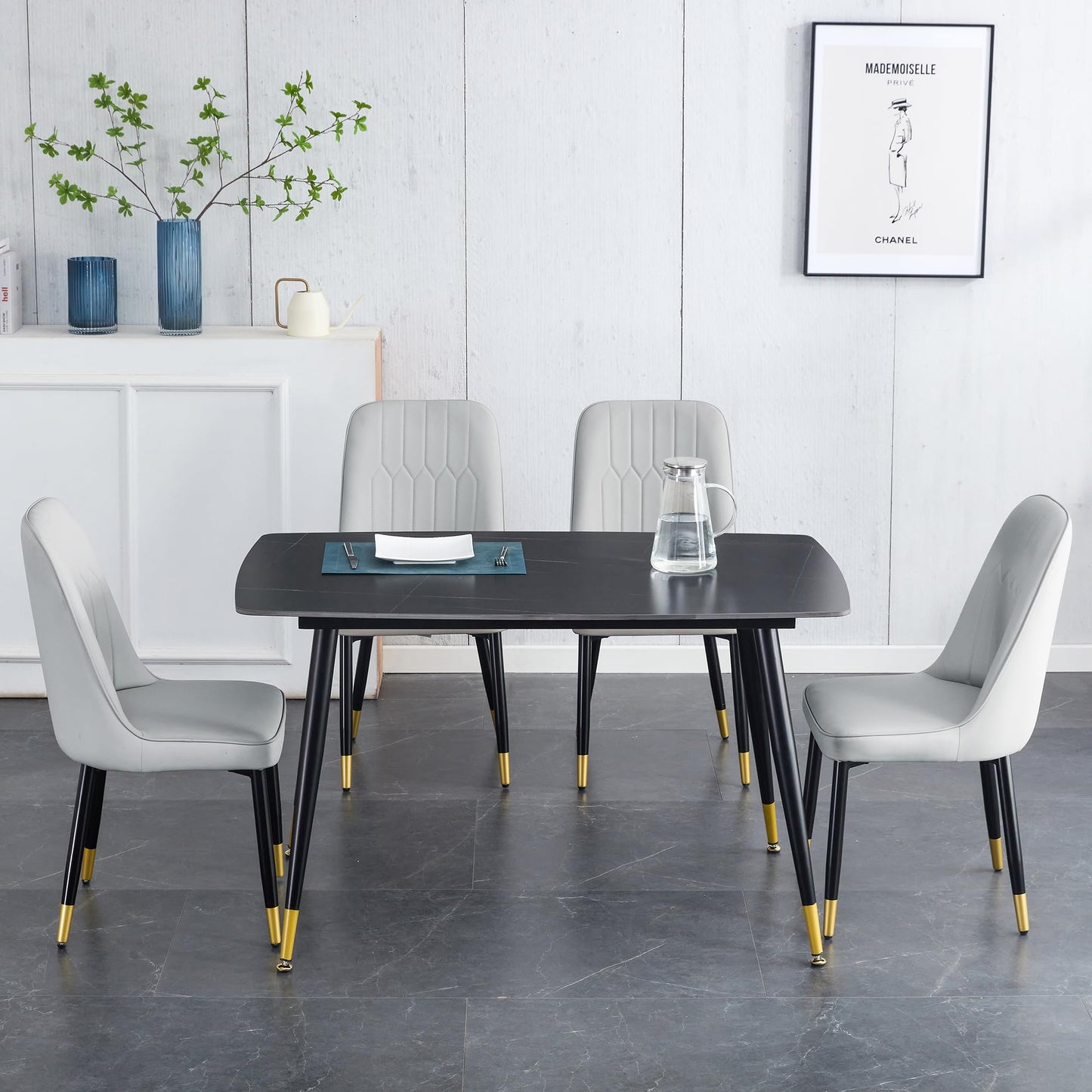 Dining Room Table Set for 4,Sintered Stone Kitchen Table Top and Modern Chairs