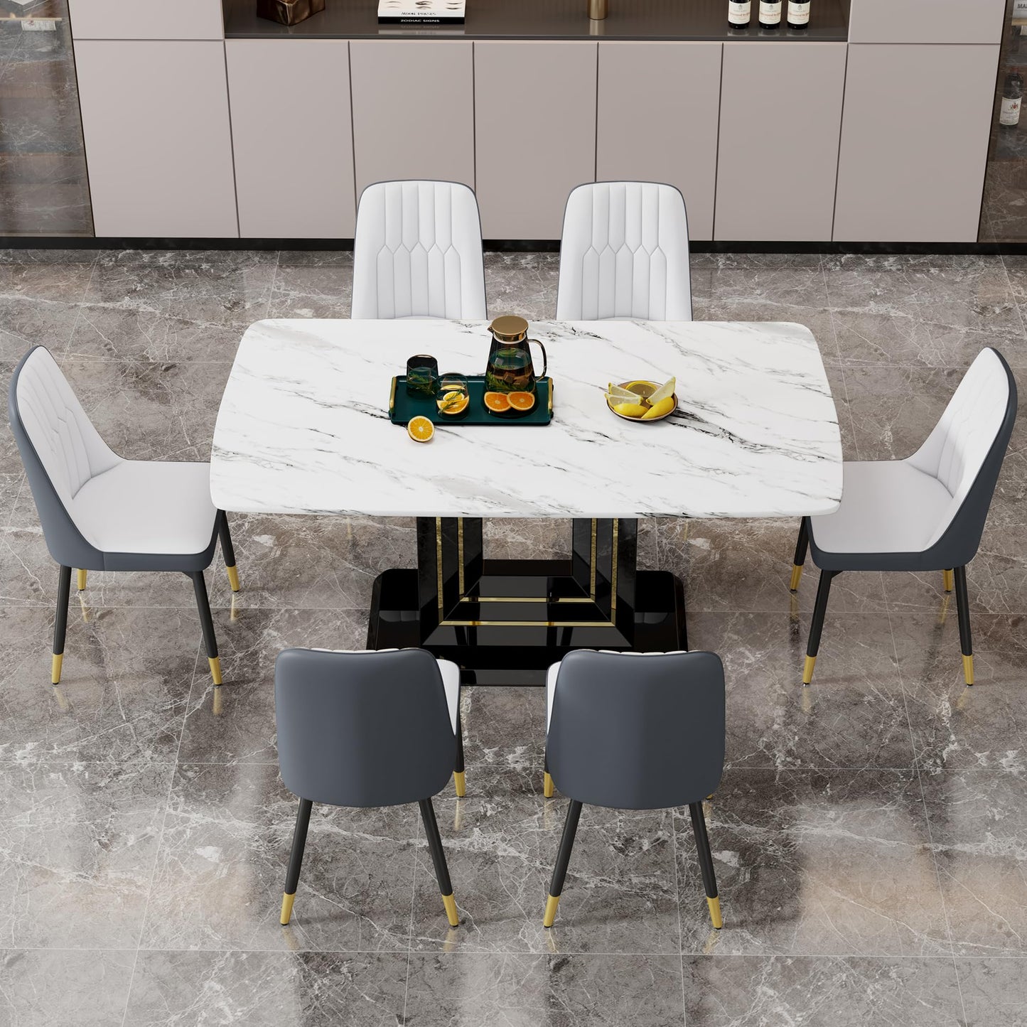 Dining Table Set for 6, White Faux Marble Pattern Table with 6 Modern Dining Chairs