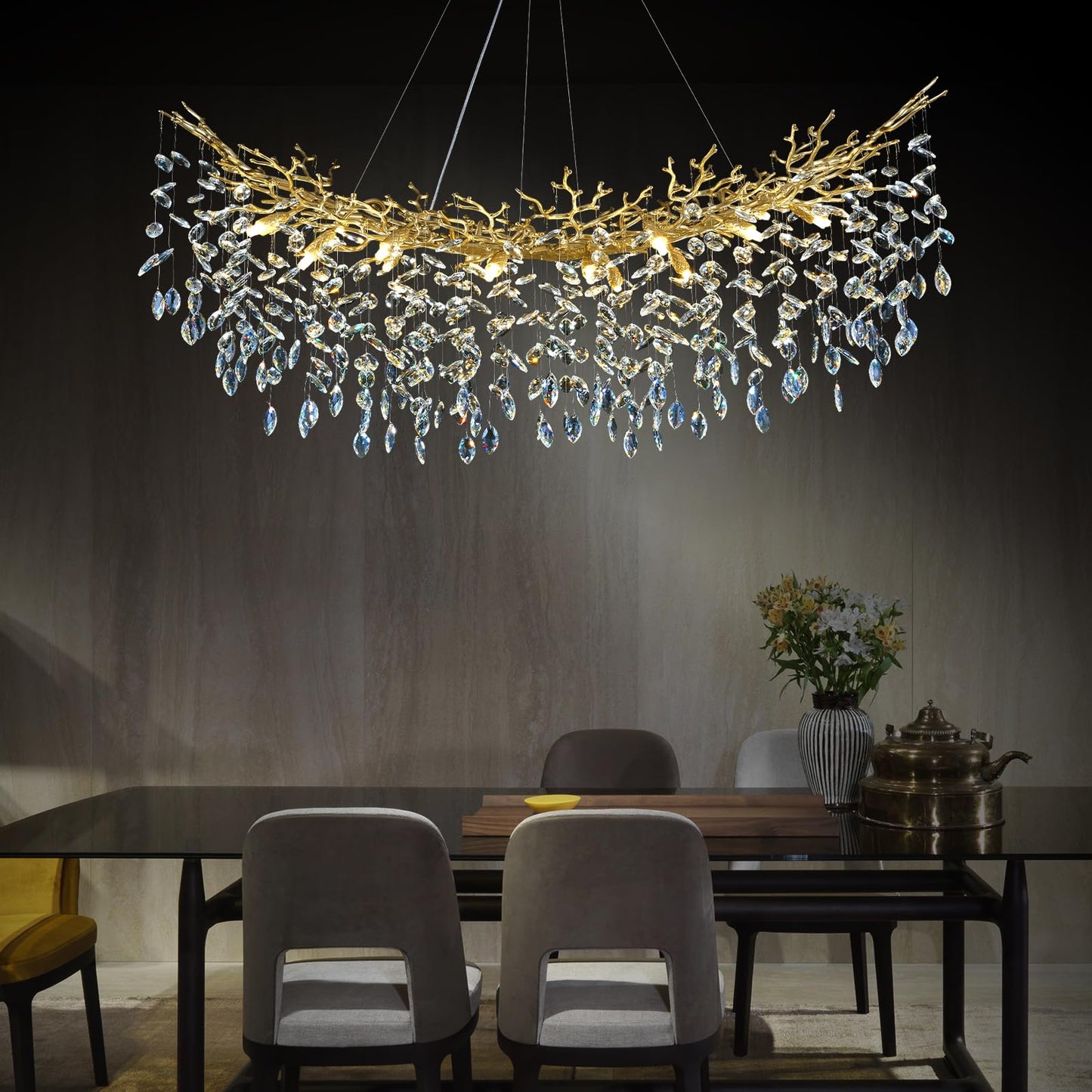 H134'' Modern Crystal Tree Branch Chandelier, Foyer High Ceiling Chandelier