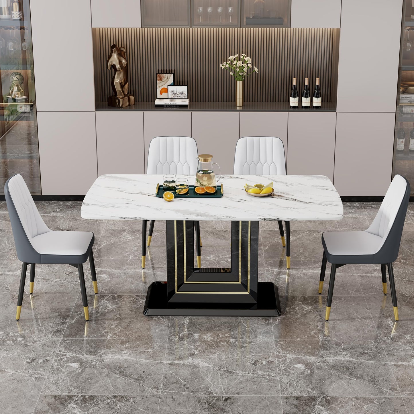 Dining Table Set for 6, White Faux Marble Pattern Table with 6 Modern Dining Chairs