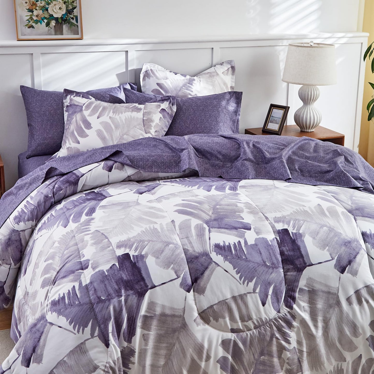 Purple Leaves Bed in a Bag 7 Pieces Floral White Comforter Sheet Set