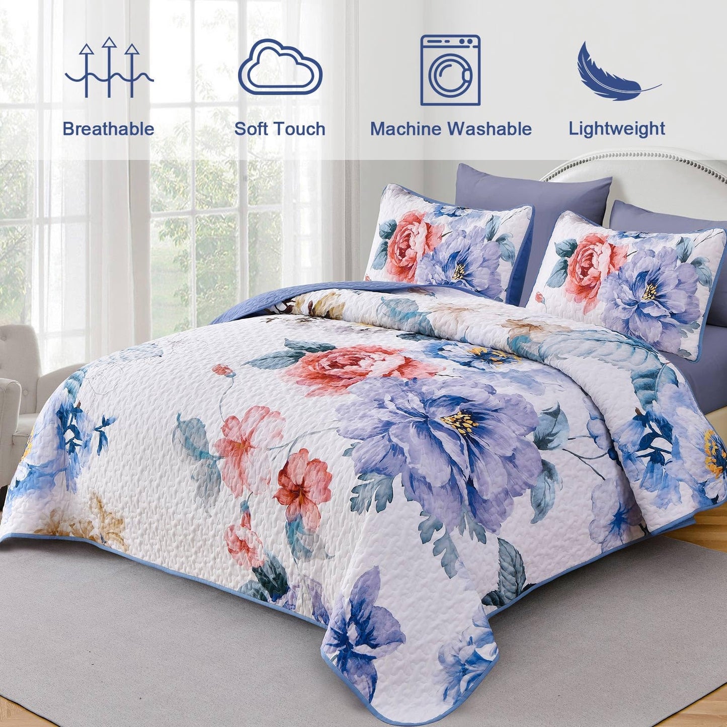 Purple Floral Quilt Set Queen Size, 3 Pieces Botanical Flower Printed