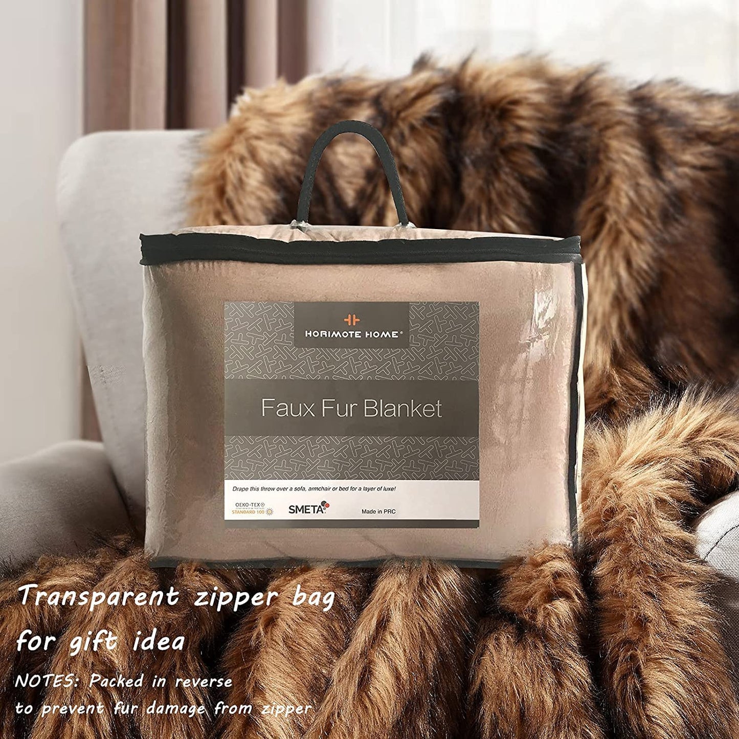 Luxury Plush Faux Fur Blanket King Size, Long Pile Brown with Black