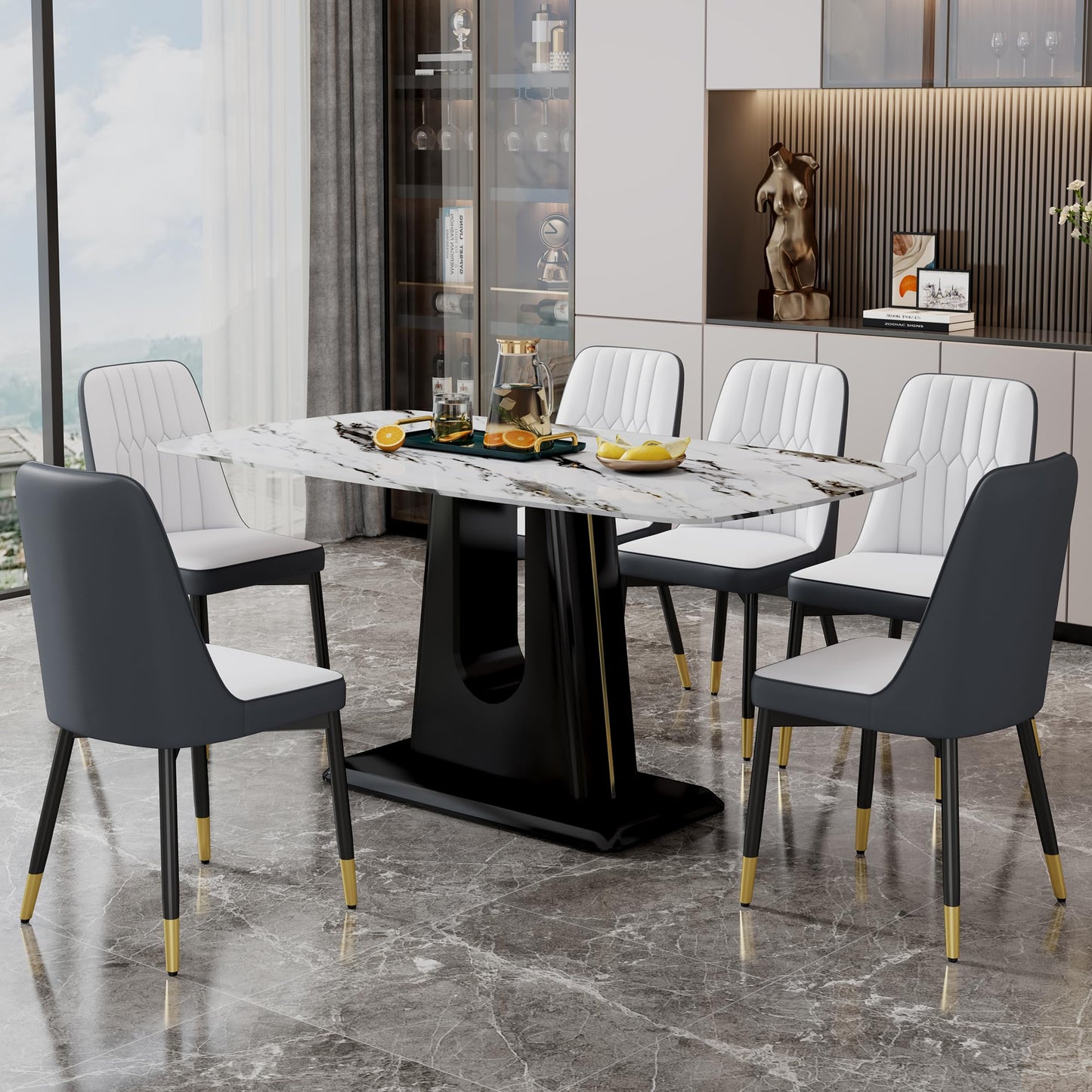 Dining Table Set for 6, White Faux Marble Pattern Table with 6 Modern Dining Chairs