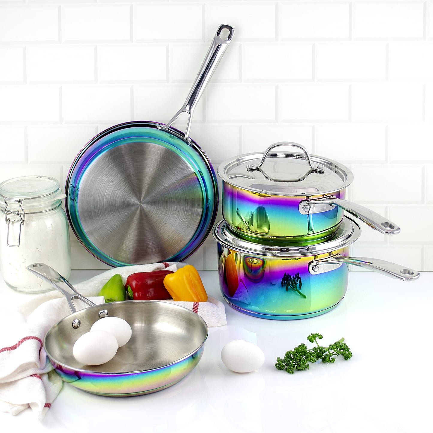 Iridescent Rainbow Cookware Set - Premium Heavy Duty Stainless Steel and Titanium Pots & Pans Set